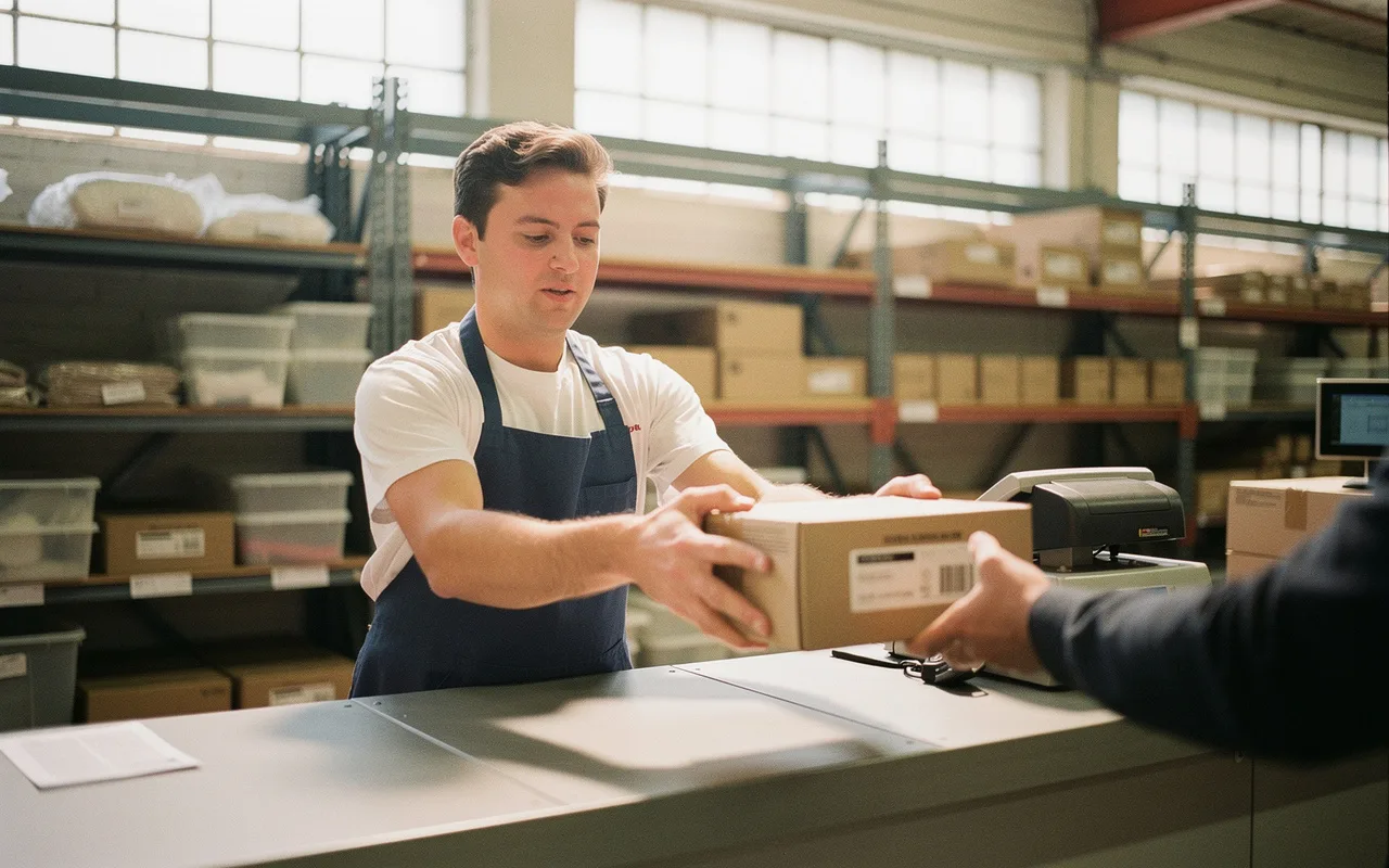 A counter assistant handing a boxed order across a wholesale trade counter