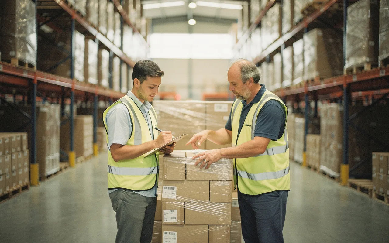 Two warehouse workers checking a pallet against a clipboard