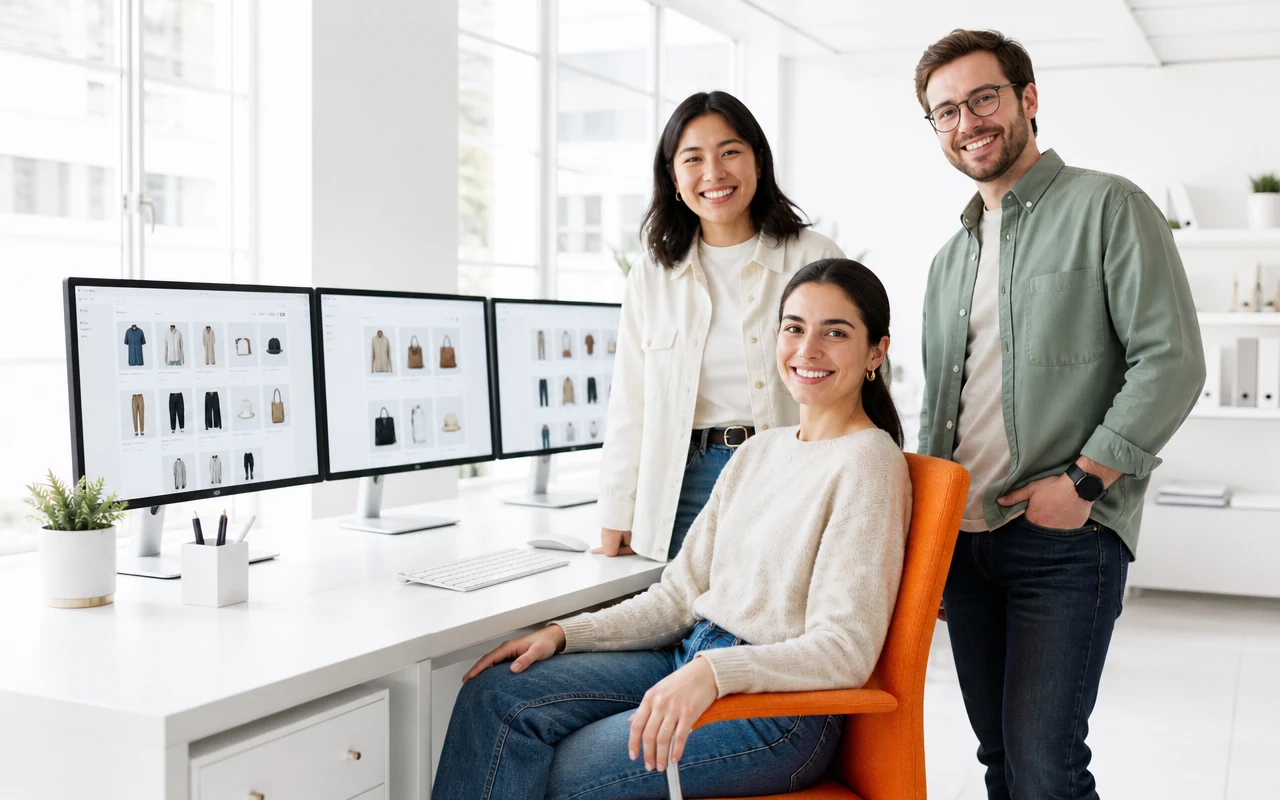 A multi-channel retail team at a bright workspace with three monitors showing storefronts