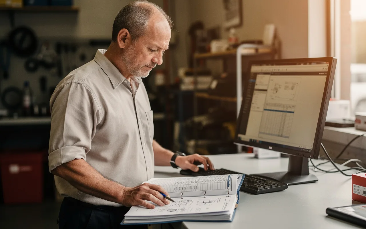 A parts counter specialist working with a technical binder and a parts catalogue