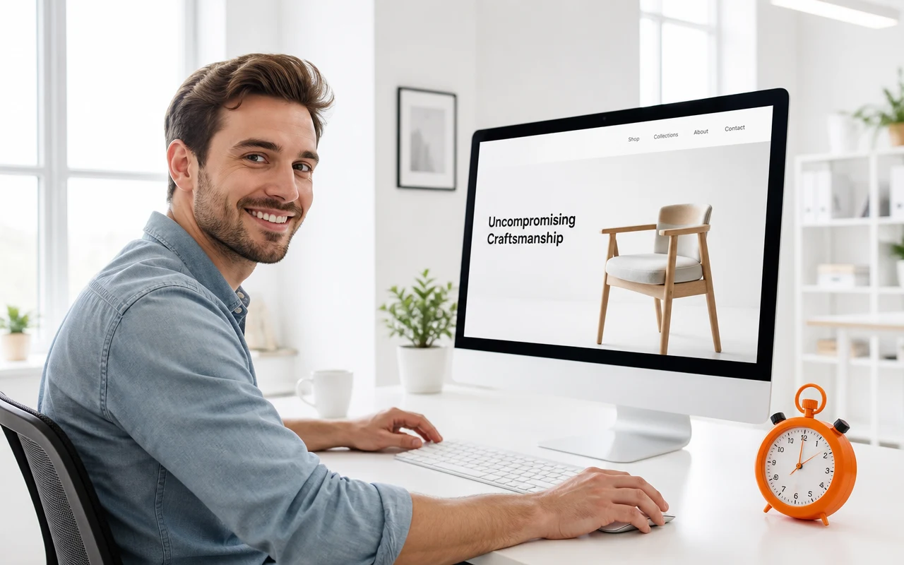 A front-end engineer at a bright desk viewing a fast-loading storefront, a stopwatch on the desk