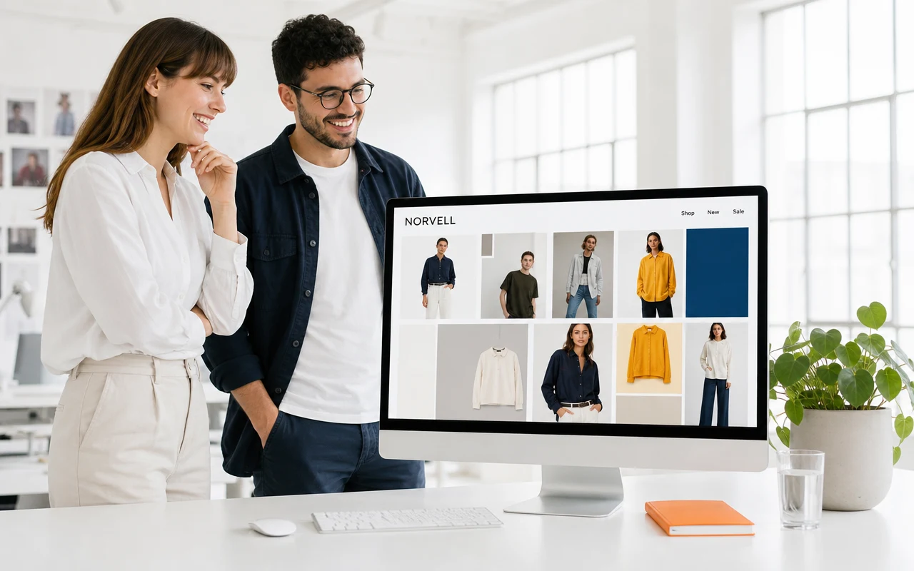 A designer and developer reviewing a rebuilt storefront together at a bright desk