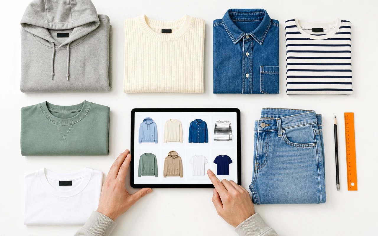 An overhead view of product samples and a tablet showing a catalogue grid, laid out for attribute mapping