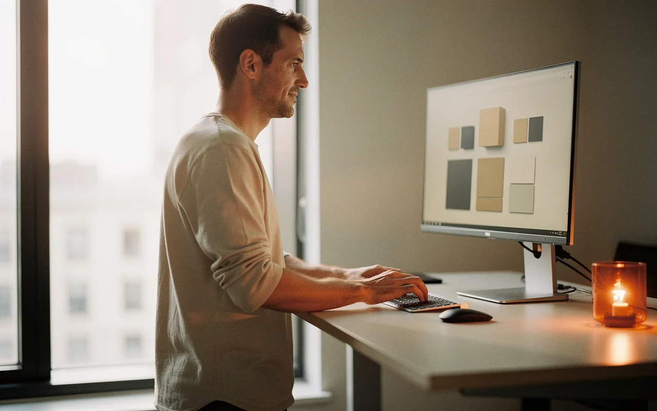 A developer at a standing desk working across two screens