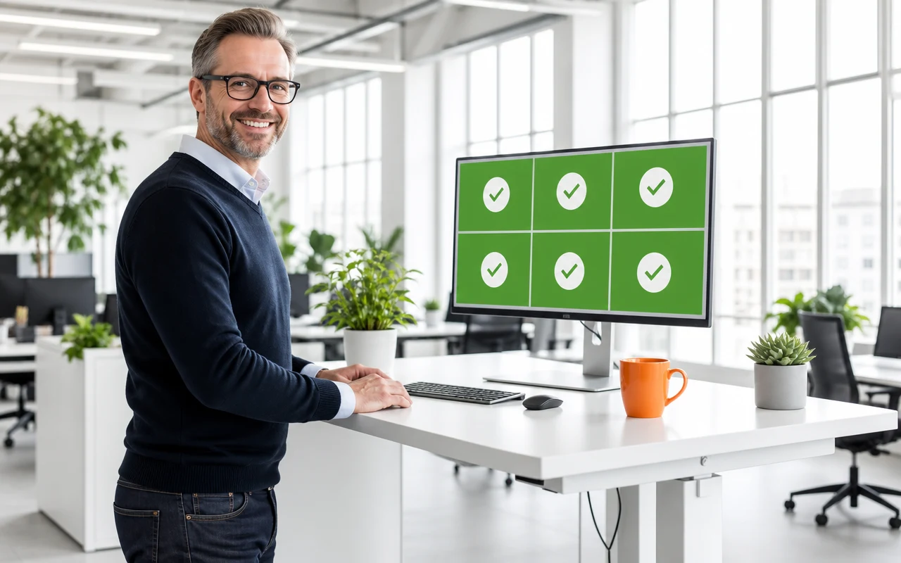 An operations lead at a bright desk checking a green all-clear status board after a migration cutover