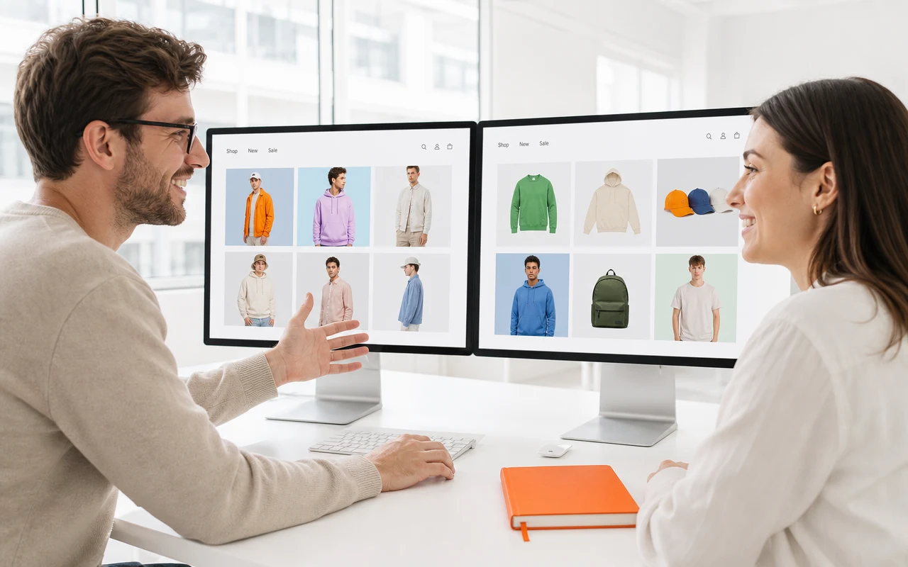 Two colleagues at a bright desk comparing a legacy storefront and its rebuilt replacement across two monitors