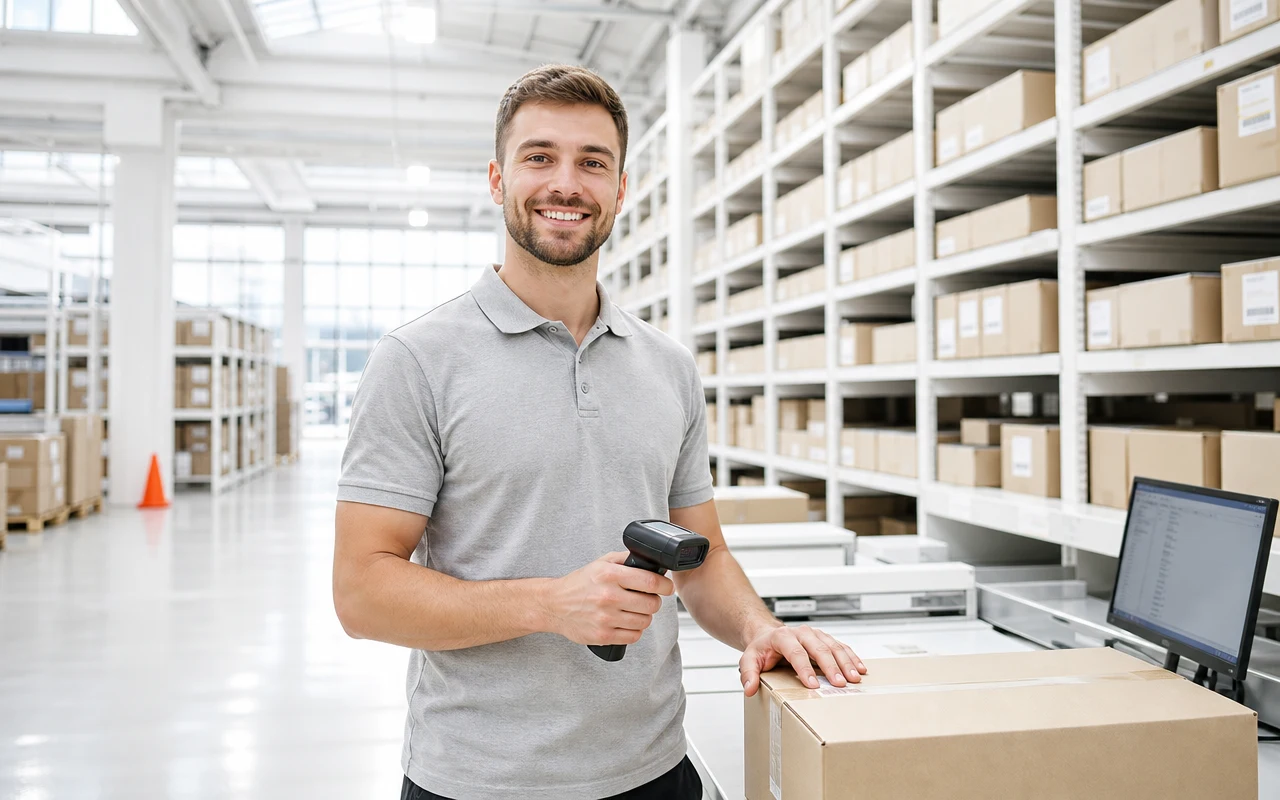 A warehouse team member scanning a parcel in a bright fulfilment centre, with orders still shipping during a migration