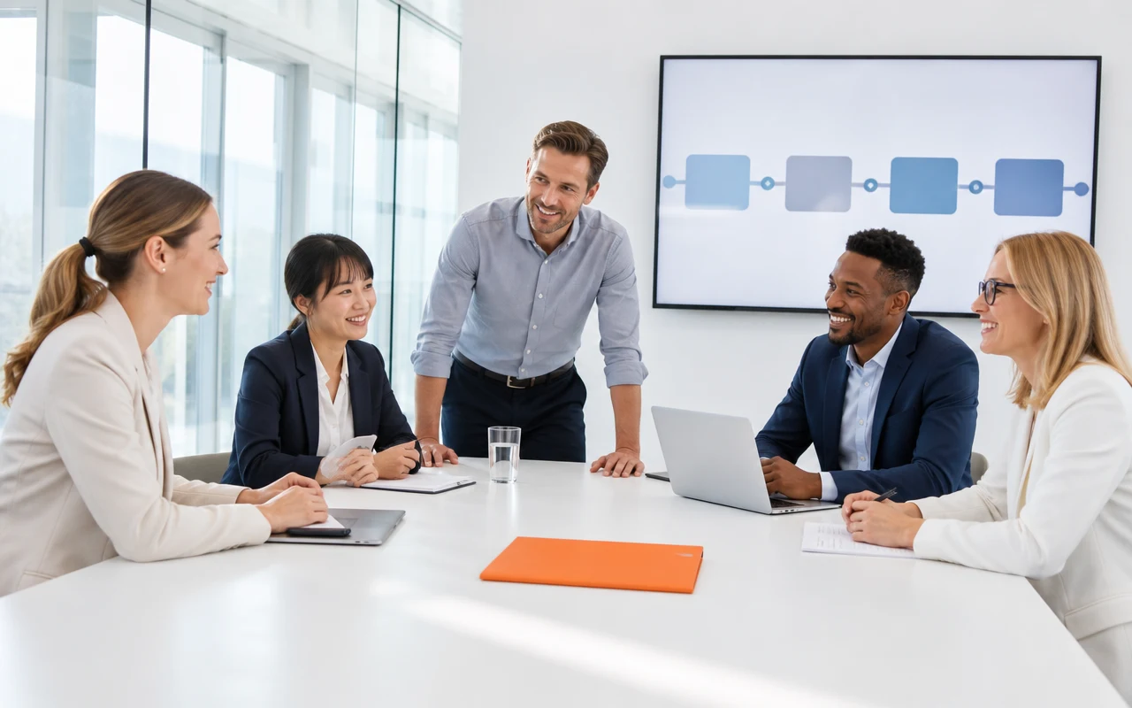 An enterprise team around a bright conference table reviewing a migration timeline on a wall screen