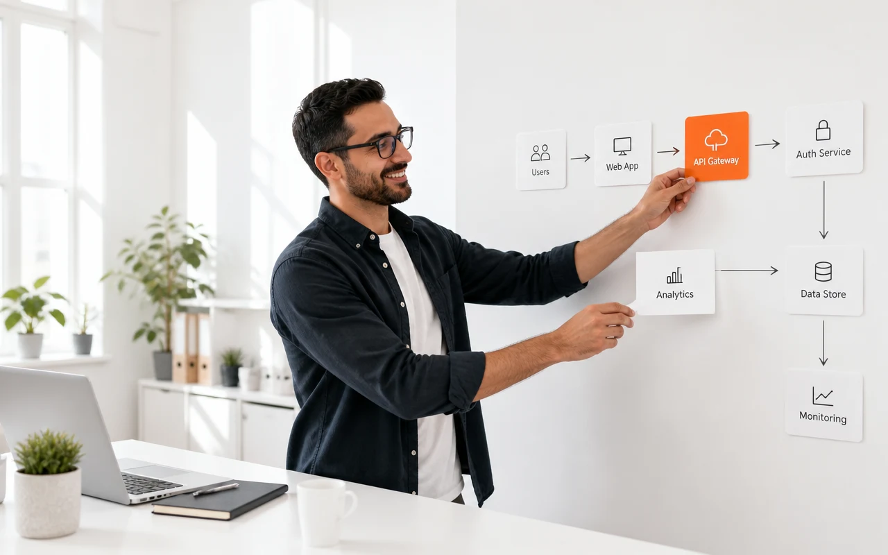 A solutions architect arranging integration cards into a flow on a white wall