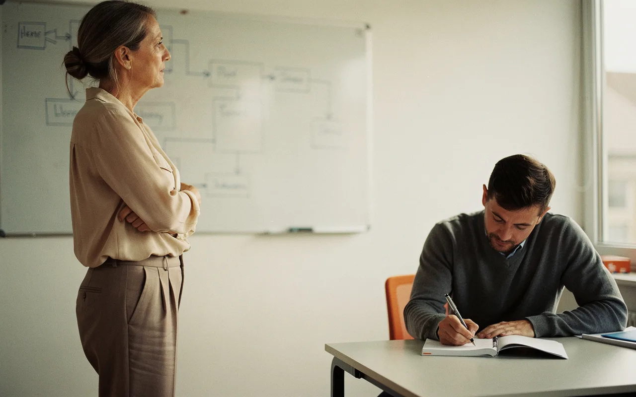 A senior engineer studying a system diagram at a whiteboard