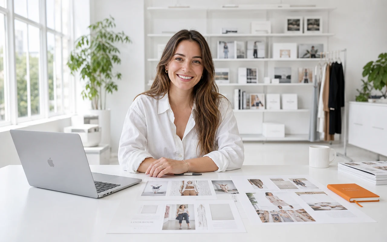 A content editor at a bright desk reviewing printed lookbook pages beside a laptop