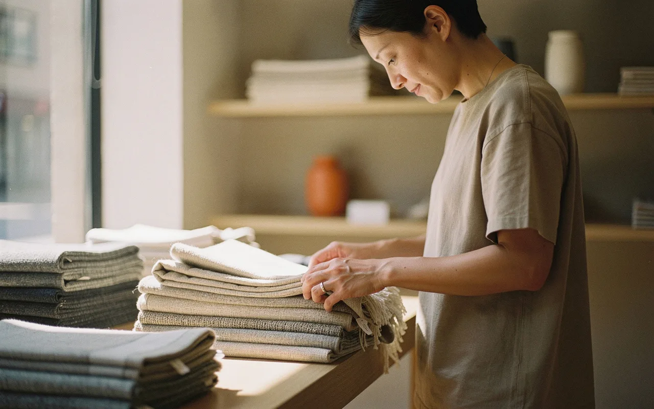 A shop owner folding textiles on a boutique display table