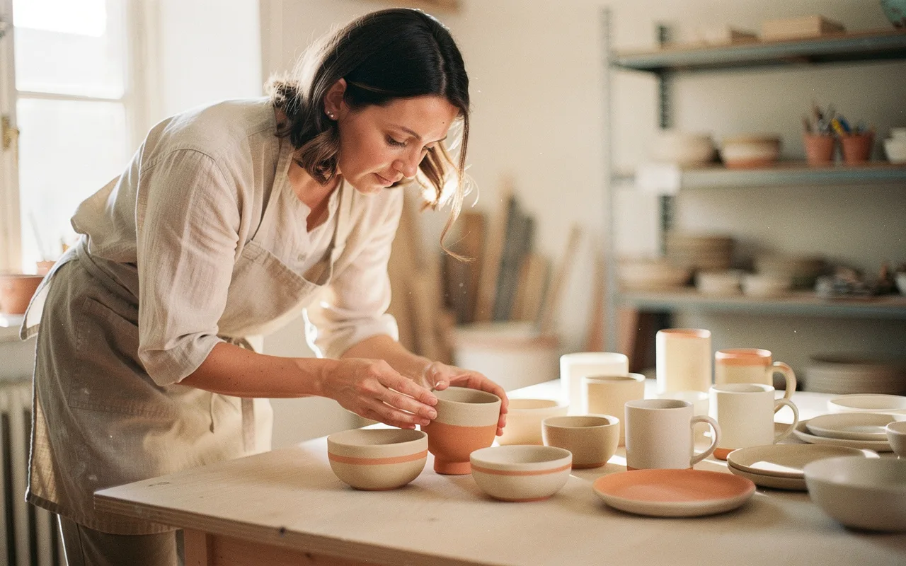 A ceramicist arranging handmade homeware for a product photograph