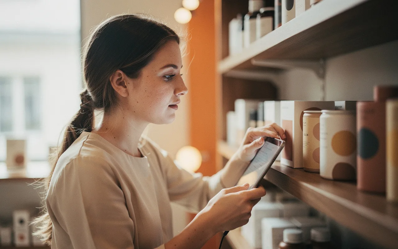 A retail assistant checking stock on a shelf with a tablet