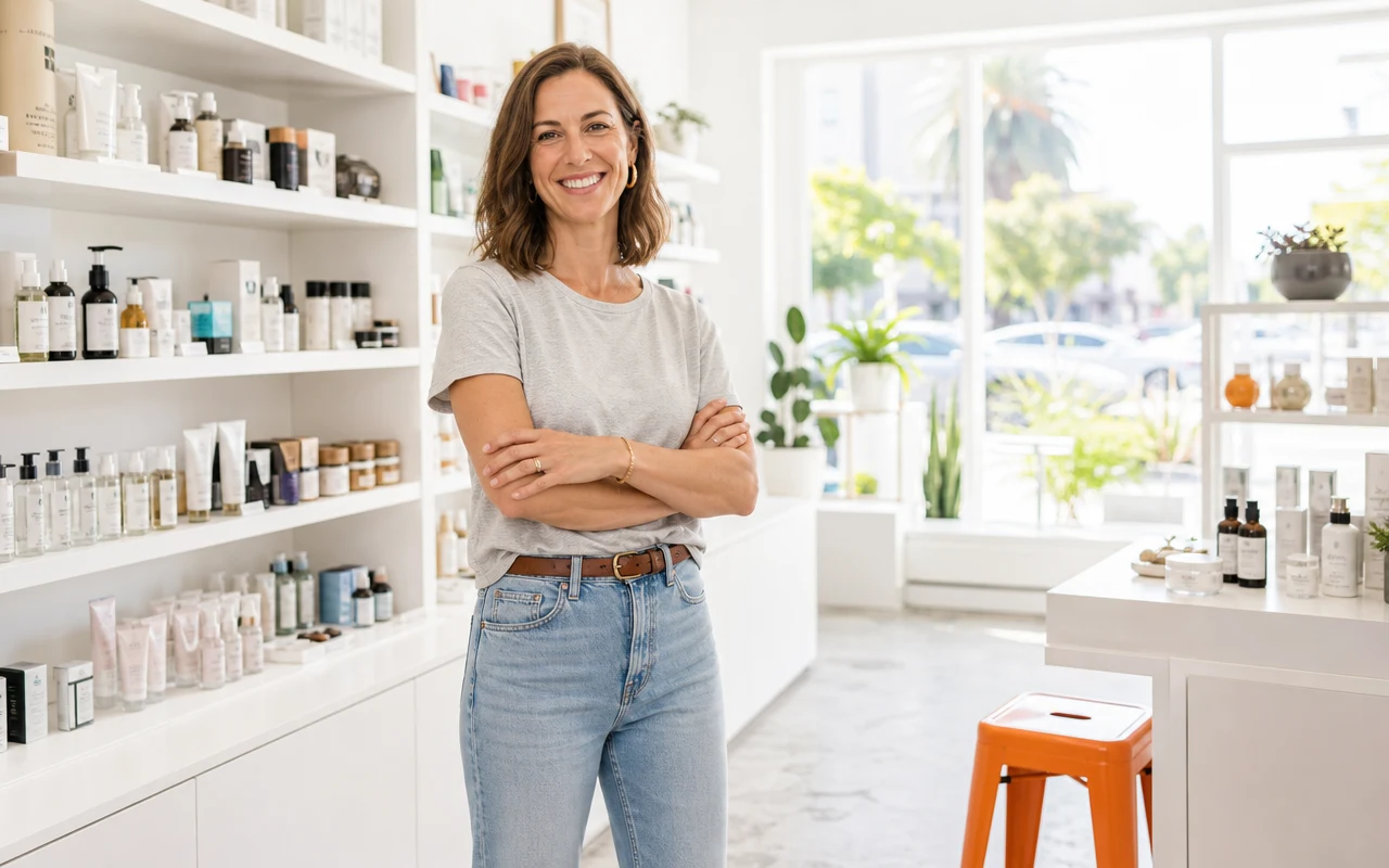 An independent shop owner standing in her bright retail space beside neatly arranged stock