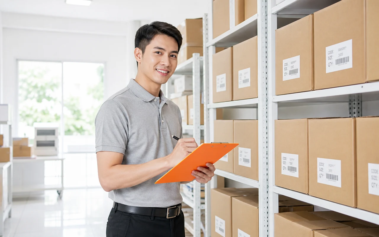 A stockroom assistant checking labelled inventory on clean shelving