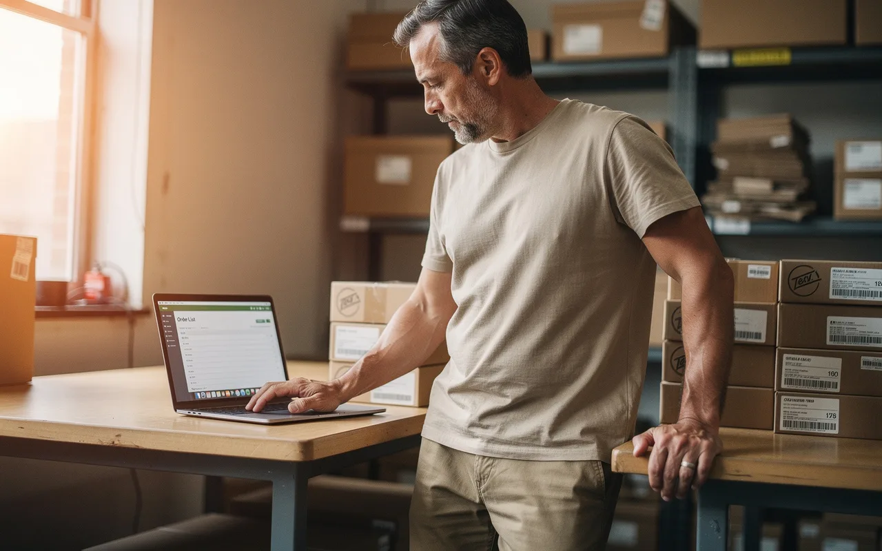A business owner checking an order list on a laptop beside stacked boxes