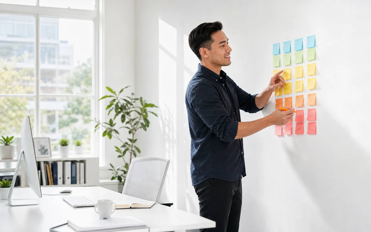 A person grouping coloured notes into columns on a white wall while auditing WooCommerce plugins