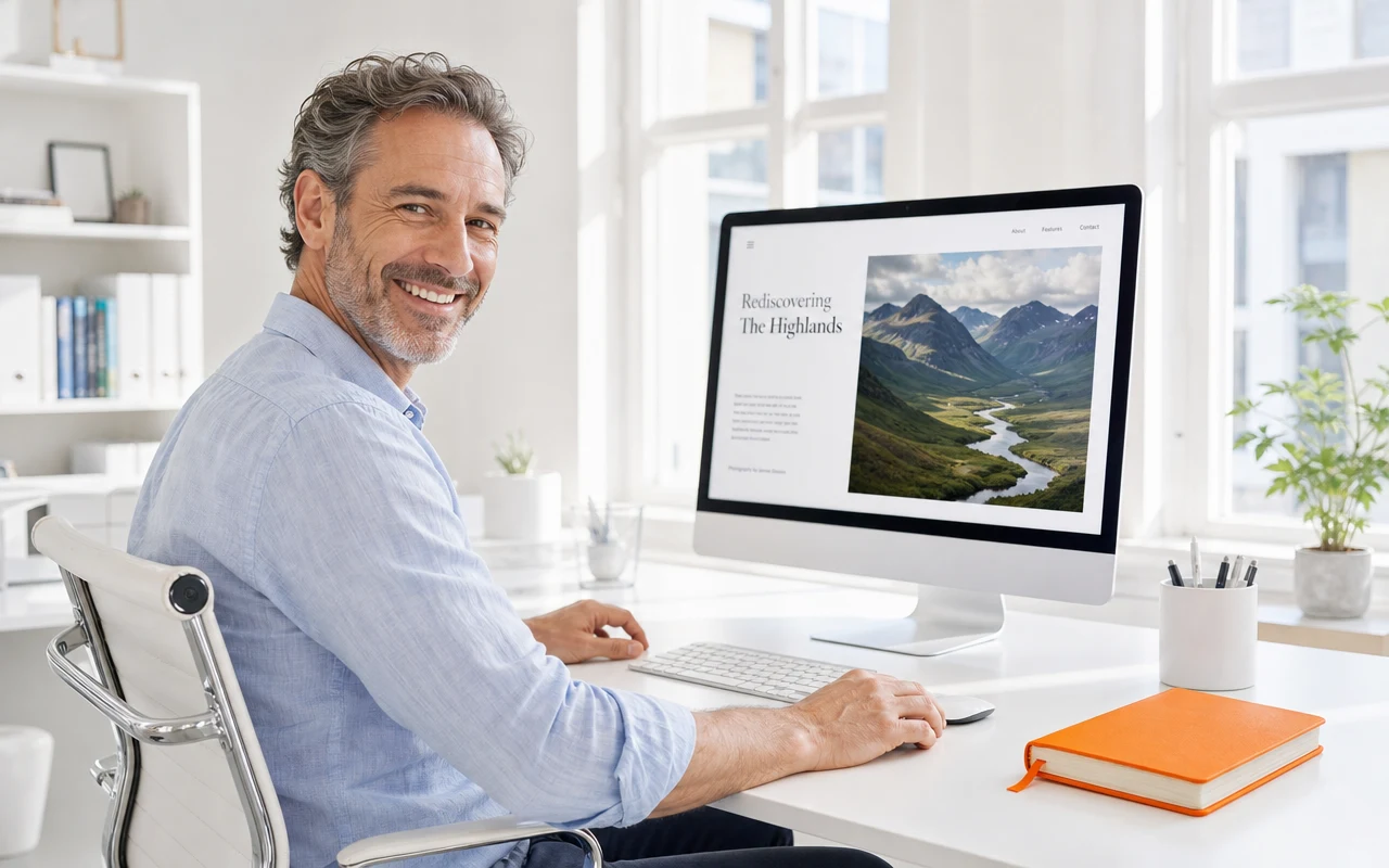 An editor at a bright desk reviewing an article layout on a large monitor