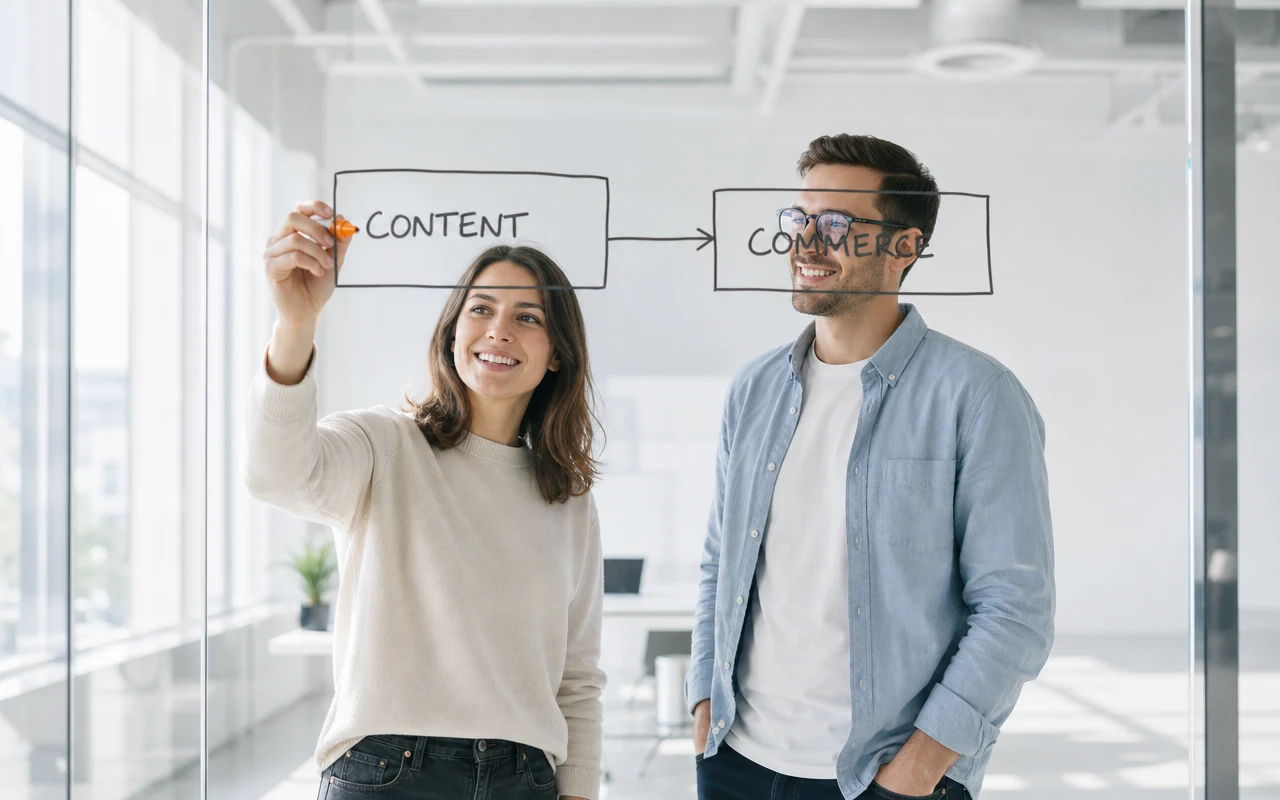 Two colleagues sketching a two-box diagram on glass, showing WordPress for content beside Shopify for commerce