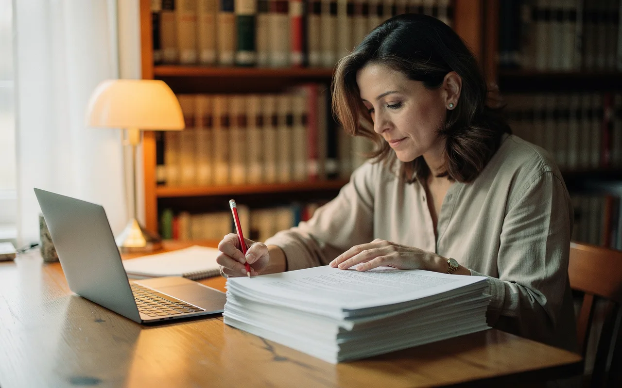 A writer marking up printed article proofs with a red pencil