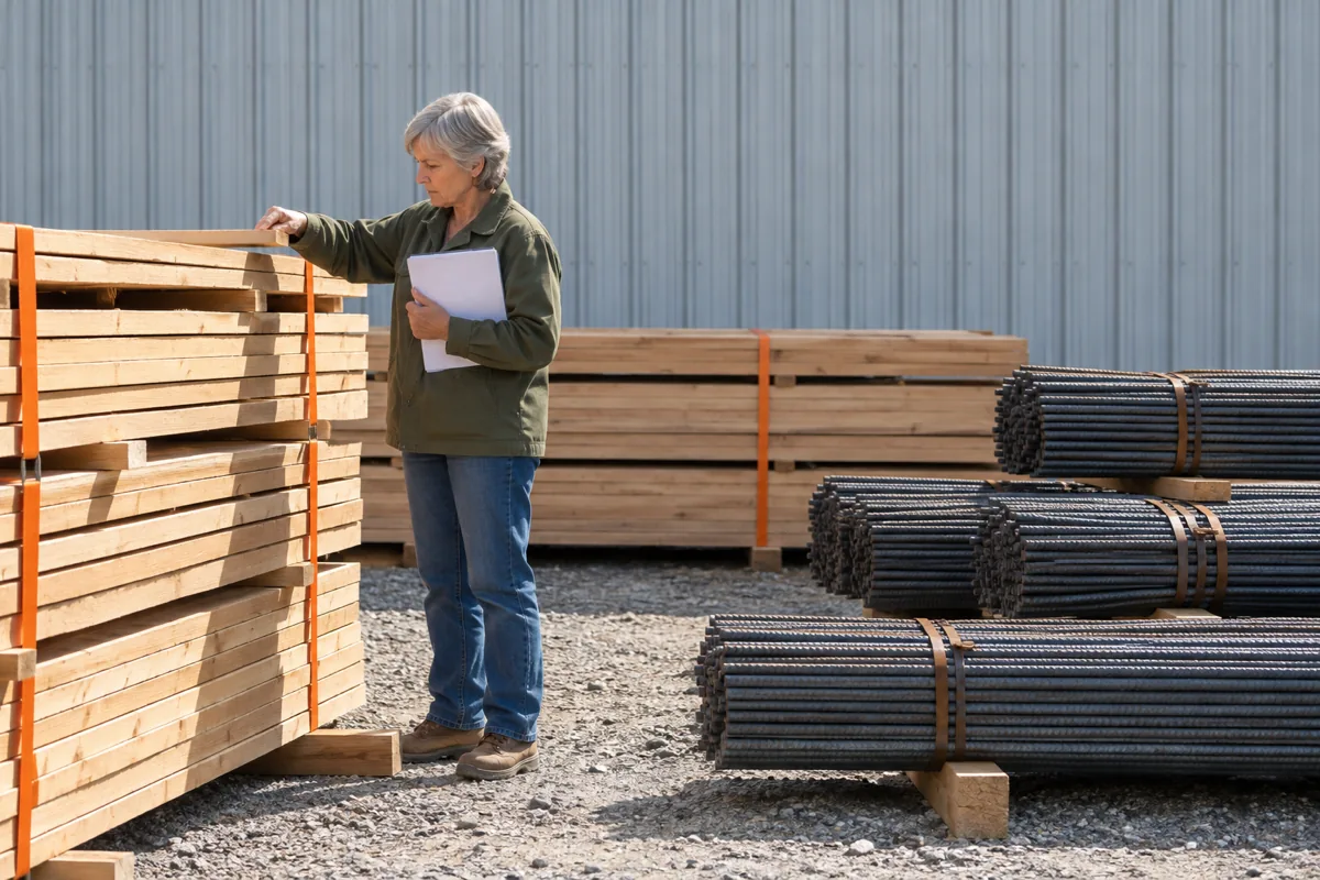 A woman with short silver hair in an olive jacket rests one hand on a stack of timber held by orange straps and holds a paper pad, with bundles of steel rebar beside her