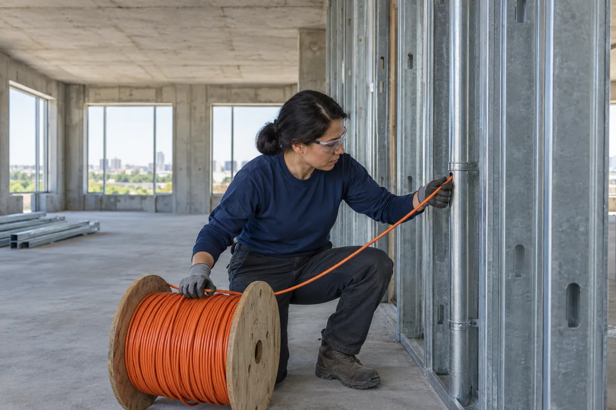 A woman in safety glasses and a navy work shirt kneels beside a wooden reel of orange cable and holds the cable against a metal conduit fixed to steel wall studs