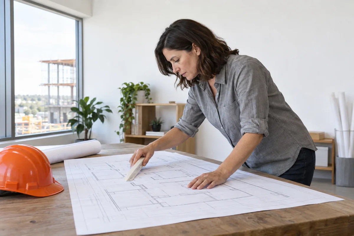 A woman in a grey work shirt leans over a large sheet of floor plan drawings on a wooden table and holds a scale ruler against it, with an orange hard hat on the corner of the table