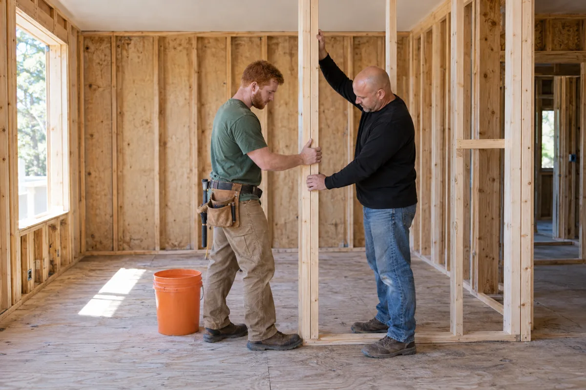 Two men hold a wooden stud upright in a room stripped to bare timber framing, one in a green t-shirt with a leather tool belt and one in a black shirt, beside an orange bucket