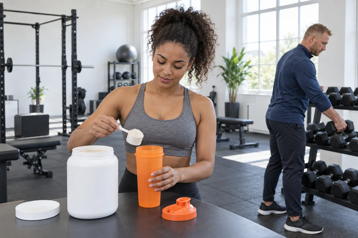 An athlete scooping powder from a plain tub into an orange shaker bottle in a gym while a trainer racks a dumbbell