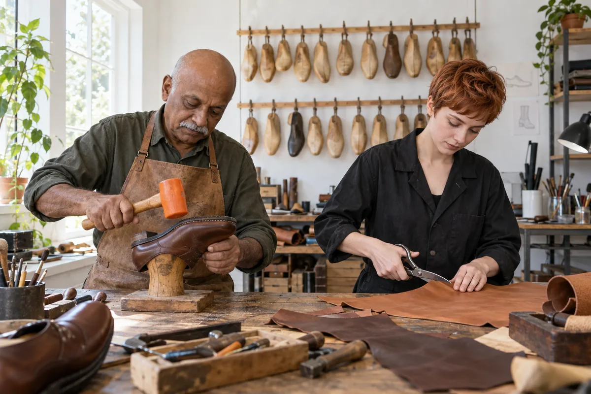 A shoemaker tapping a leather shoe on a wooden last with an orange mallet while a woman cuts leather at the same bench