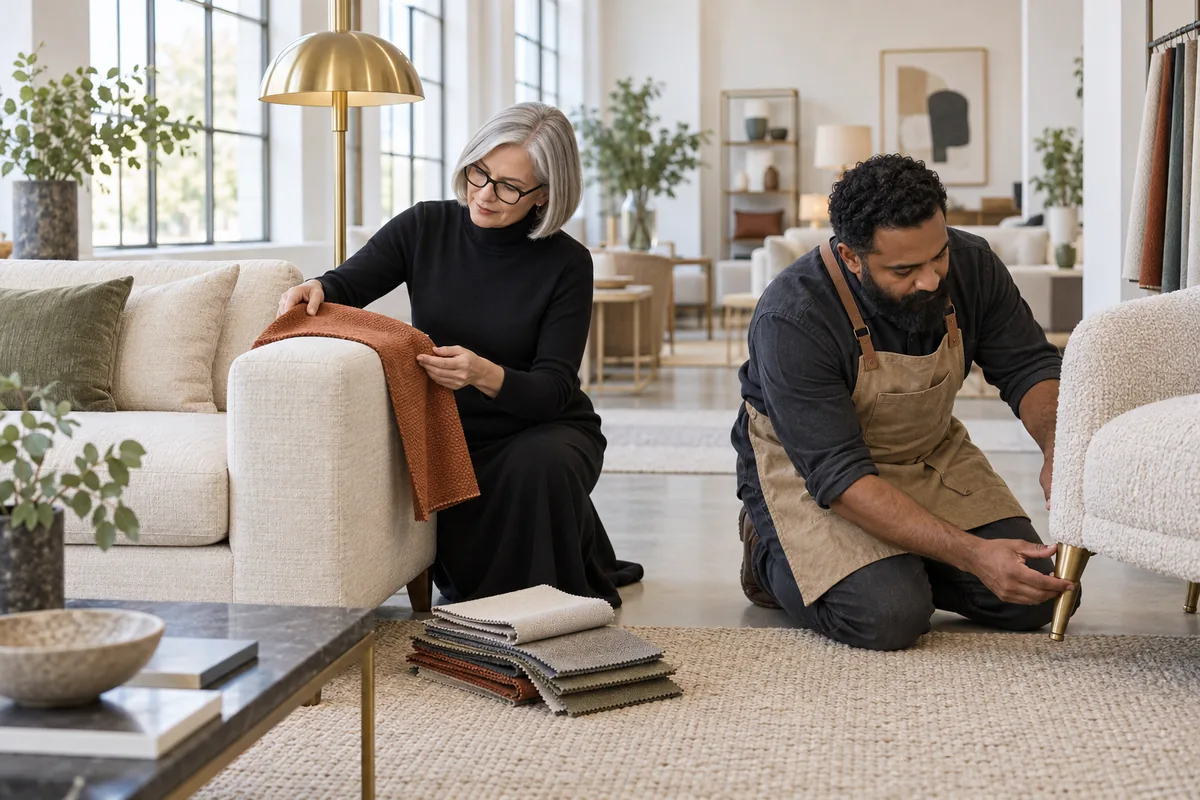 An interior designer holding an orange fabric swatch against a cream sofa while an upholsterer fits a foot to an armchair