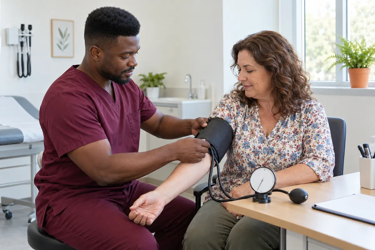 A nurse in burgundy scrubs wrapping a blood pressure cuff around the arm of a seated woman in an exam room