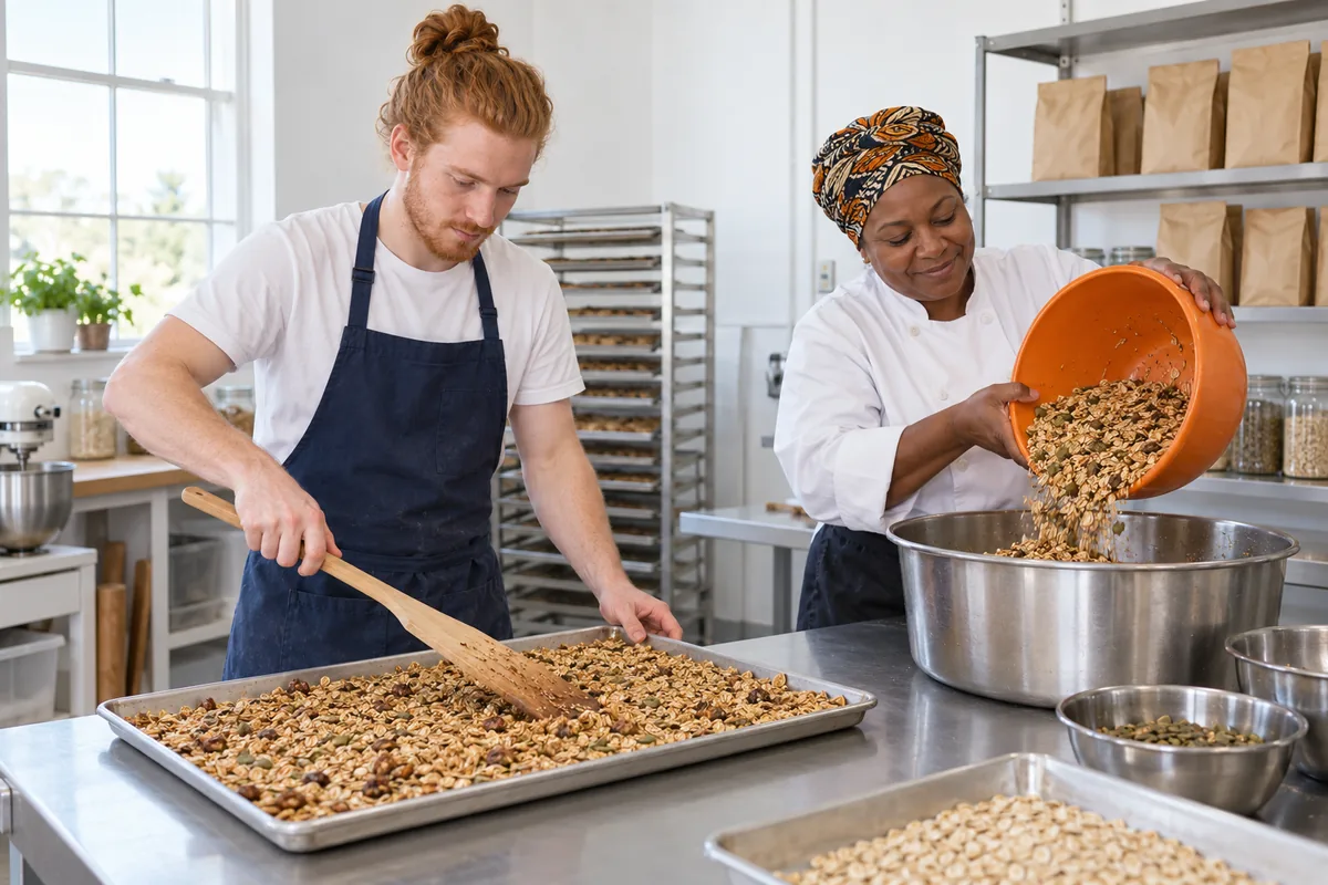 A baker spreading granola on a steel tray while a woman tips oats from an orange mixing bowl into a tub in a bakery kitchen