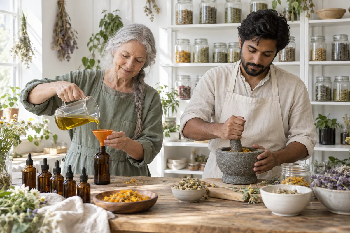 A woman pouring oil through an orange funnel into an amber bottle while a man grinds dried flowers in a stone mortar