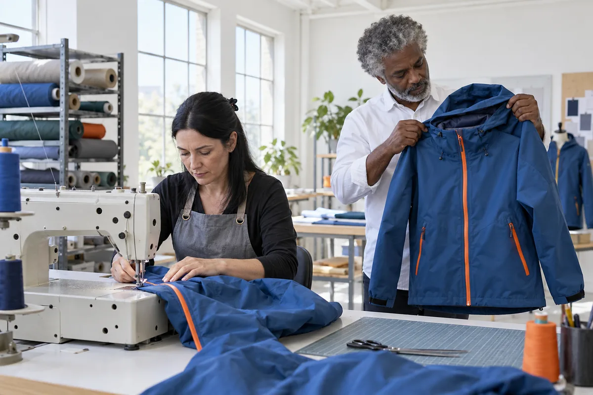 A woman sewing a blue jacket with an orange zip on an industrial machine while a man checks the hood of a finished jacket