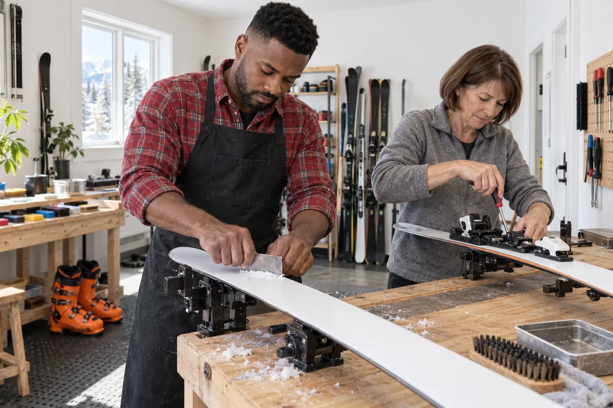 A technician scraping wax from a ski clamped to a tuning bench while a woman fits a binding, orange ski boots on the floor