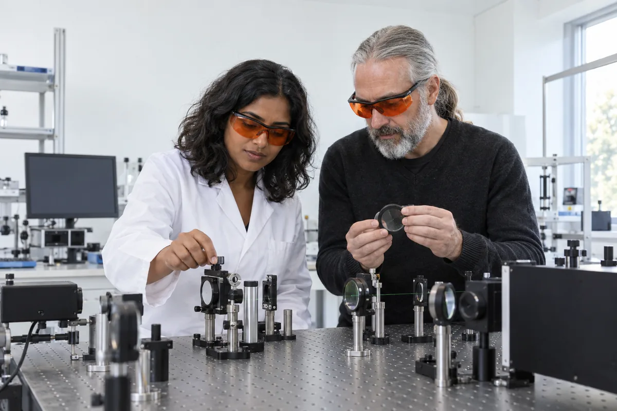 A physicist in orange safety goggles adjusting a mirror on an optical table while a colleague holds a lens beside her