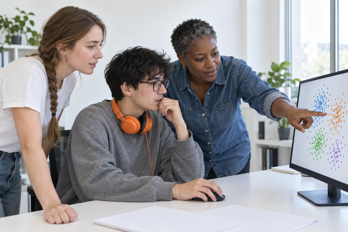 Three researchers at a desk looking at coloured dots on a monitor, one with orange headphones round his neck