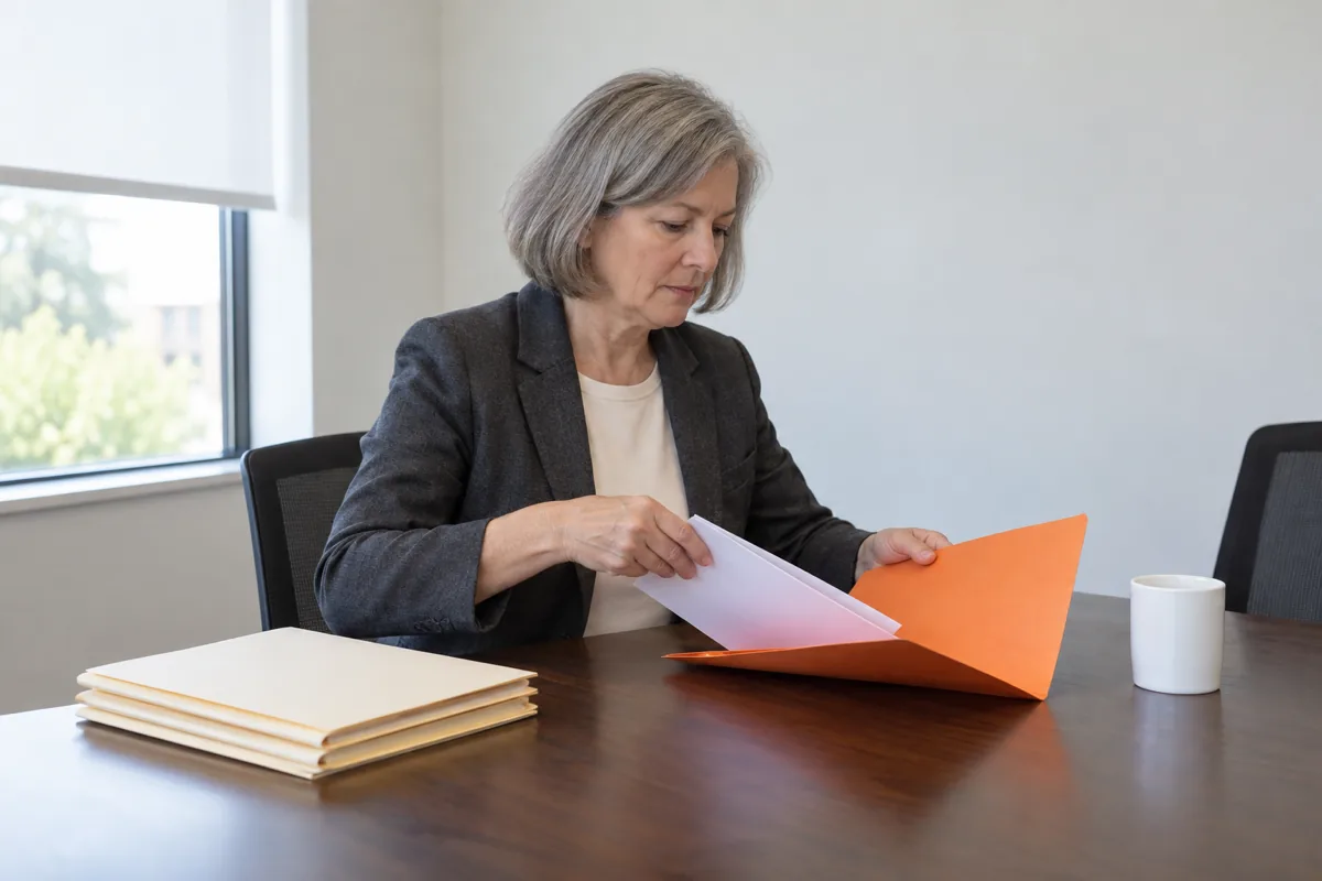 A woman with a grey bob in a charcoal blazer sits at a dark wood table and slides blank white sheets into an open orange folder, with a stack of manila folders and a white cup on the table