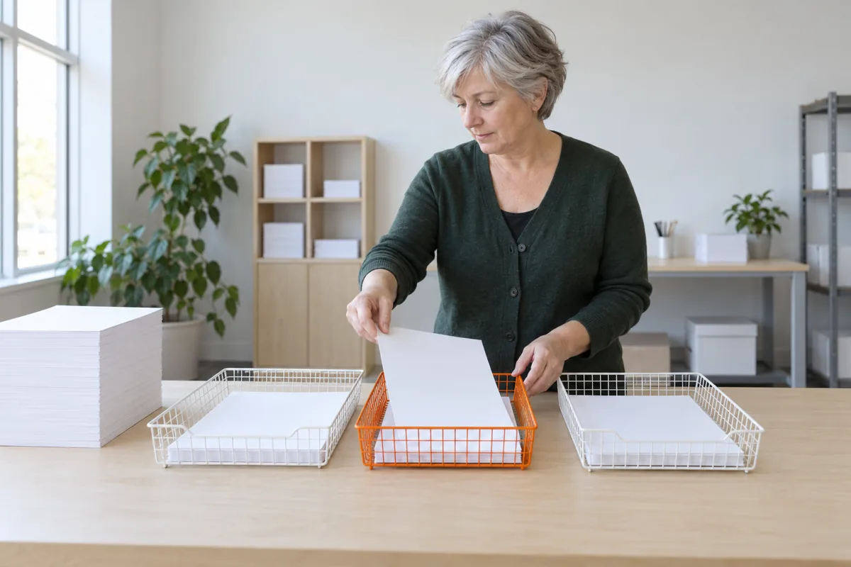 A woman with short grey hair in a dark green cardigan places a blank sheet of paper into an orange wire tray that sits between two white wire trays on a long pale wood table, beside a tall stack of white paper