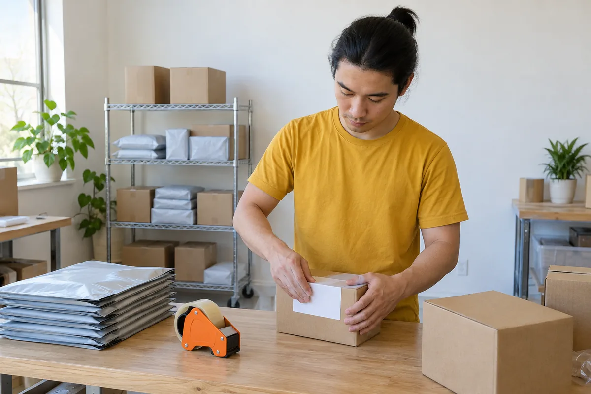 A man in a mustard yellow t-shirt with his black hair tied up presses a blank white label onto a small cardboard box at a wooden bench, beside a stack of grey mailer bags and an orange tape gun