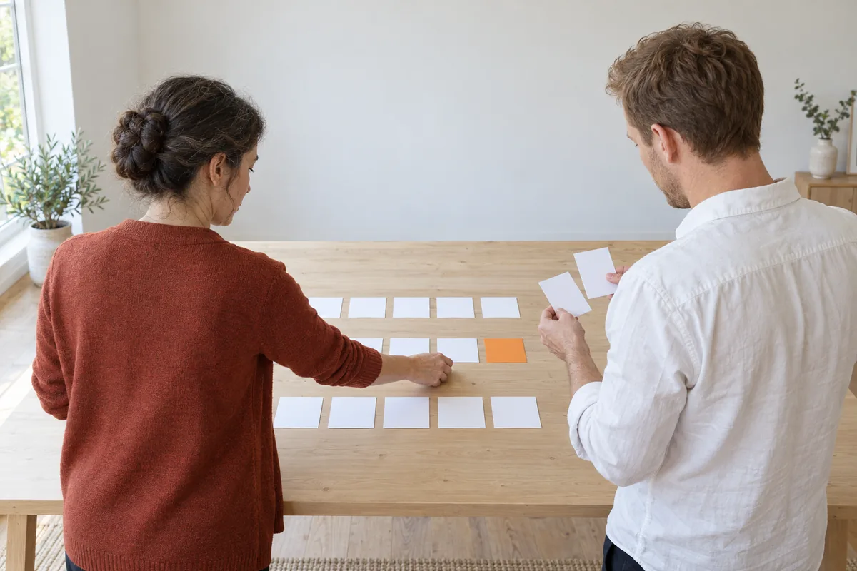 A woman in a rust red cardigan and a man in a white shirt, seen from behind, stand at a wooden table with three rows of blank white cards and one orange card, and he holds two more blank cards