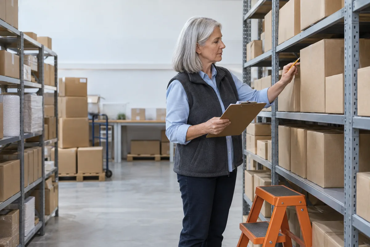 A woman with shoulder-length silver hair in a charcoal fleece vest points a pencil at a cardboard carton on a steel warehouse shelf while holding a clipboard, next to an orange step stool