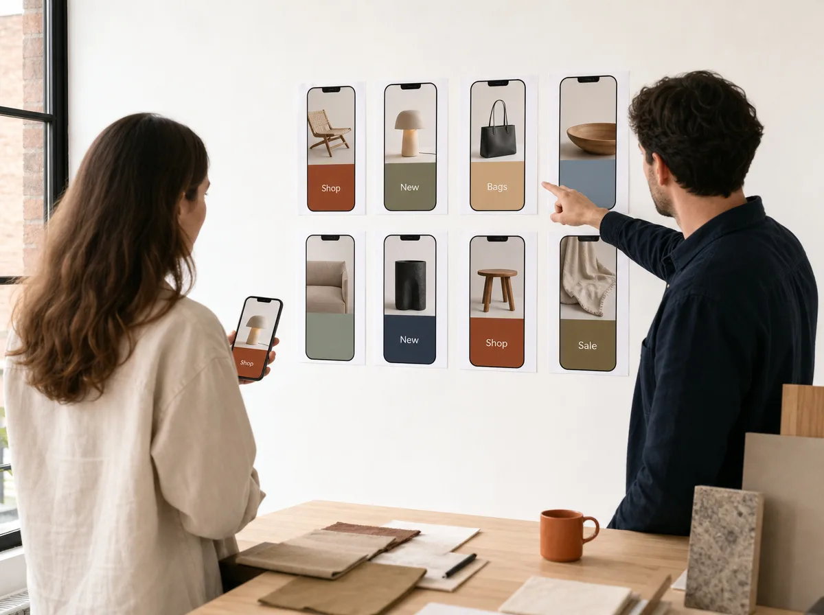 Two colleagues reviewing printed app screen layouts pinned to a studio wall, each showing a product photo and a short label