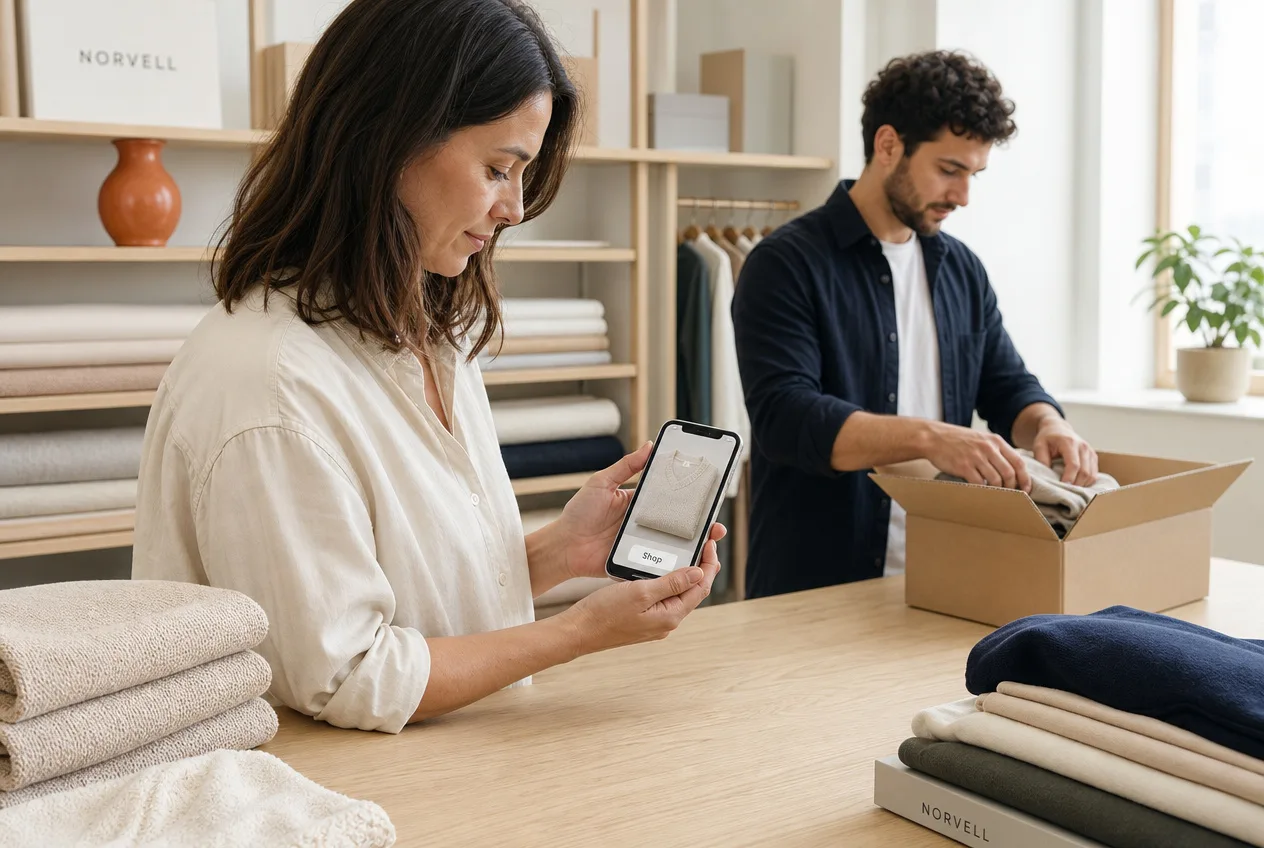 A shop owner checking a product screen on a phone in a bright studio while a colleague packs an order into a box behind her