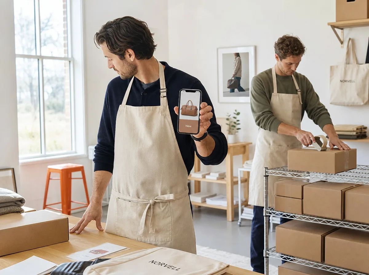 Two people in aprons in a bright fulfilment room, one holding a phone showing a product screen while the other tapes a shipping box