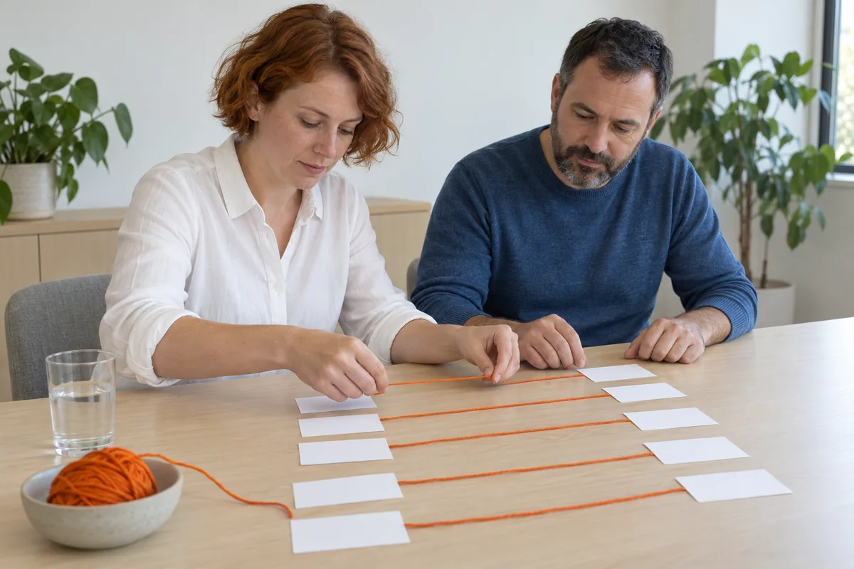 Two people at a table join two columns of blank white cards with lengths of orange yarn