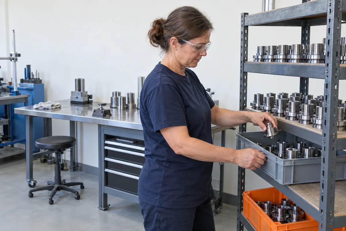 A woman in safety glasses and a navy t-shirt places a machined steel part into a grey bin on a rack of finished metal parts