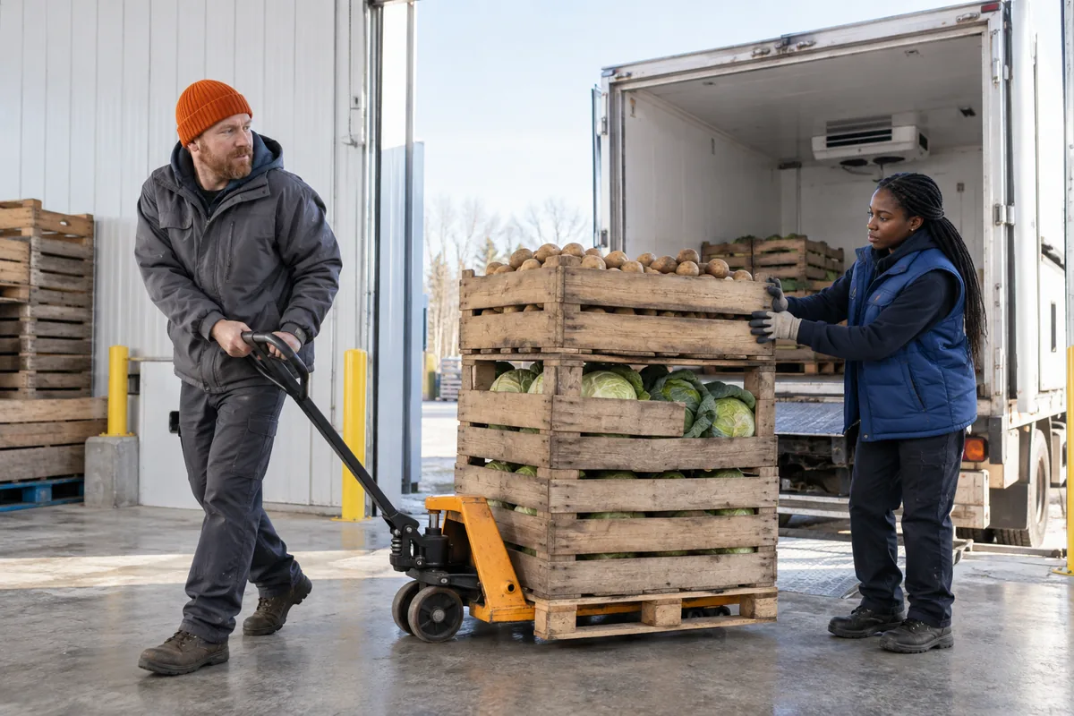 A man in an orange hat pulling a pallet of vegetable crates on a pallet truck while a woman in a blue vest steadies the top crate by a white truck